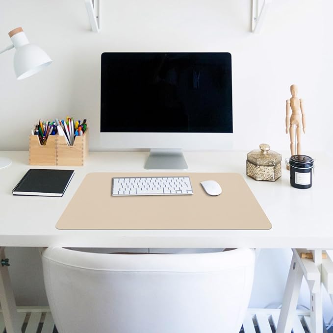 Non-Slip Desk Pad Mat, Leather Beige Desk Mat for Desktop, Large Mouse Pad, Waterproof Computer Mouse Mat Desktop Protector for Office/Home, 23.6" x 13.7"