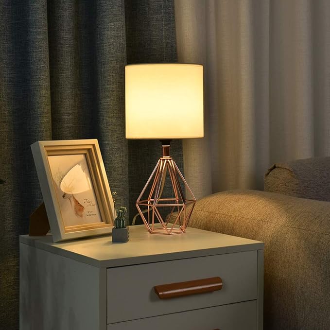 COTULIN Rose Gold Bedside Table Lamp,Modern Small Desk Lamp with TC Fabric Shade Geometric Metal Base for Kids Living Room Bedroom Nightstand
