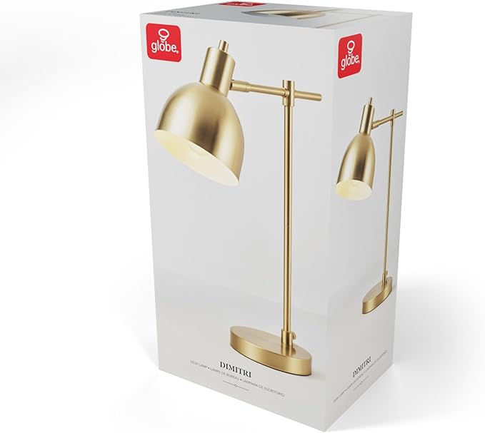 Globe Electric 61000058 18" Desk Lamp, Matte Brass Finish, Metal Shade, Adjustable Pivot Joint, Rotary Switch, Modern Lighting for Bedroom or Office, Timeless, Lights for Home, E26 Base