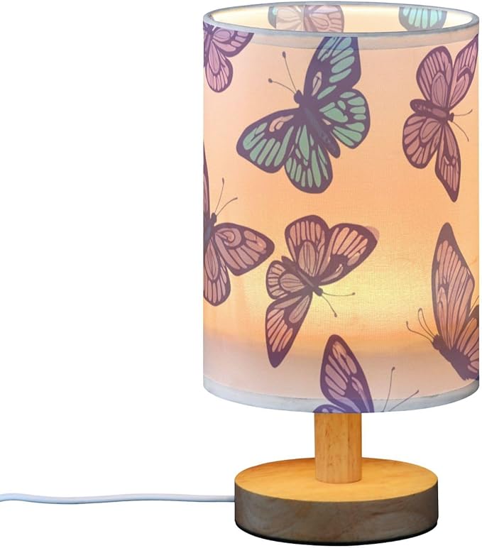 Purple Butterfly LED Table Lamp, Bedside Lamp with Linen Lampshade, Flicker-Free Eye Care USB Plug in Nightstand Lamp, for Bedroom and Office