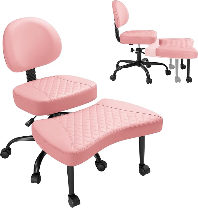 GUNJI Ergonomic Criss Cross Legged Office Chair, 360° Swivel Meditation Kneeling Chair with Wheels, ADHD Chair with Footrest, Lumbar Support, Wider Height Adjustable Seat (Pink, Faux Leather)