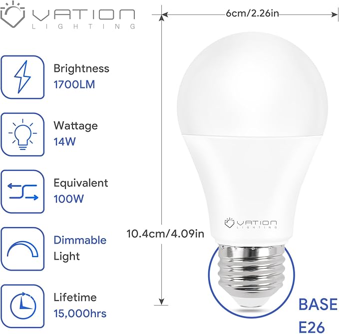 A19 Dimmable LED Light Bulbs Super Bright 3000K Warm White, 100 Watt Equivalent, Efficient 14Watt, 1700 Lumens, E26 Medium Base, Dimmable, ETL/UL Listed, 6 Pack