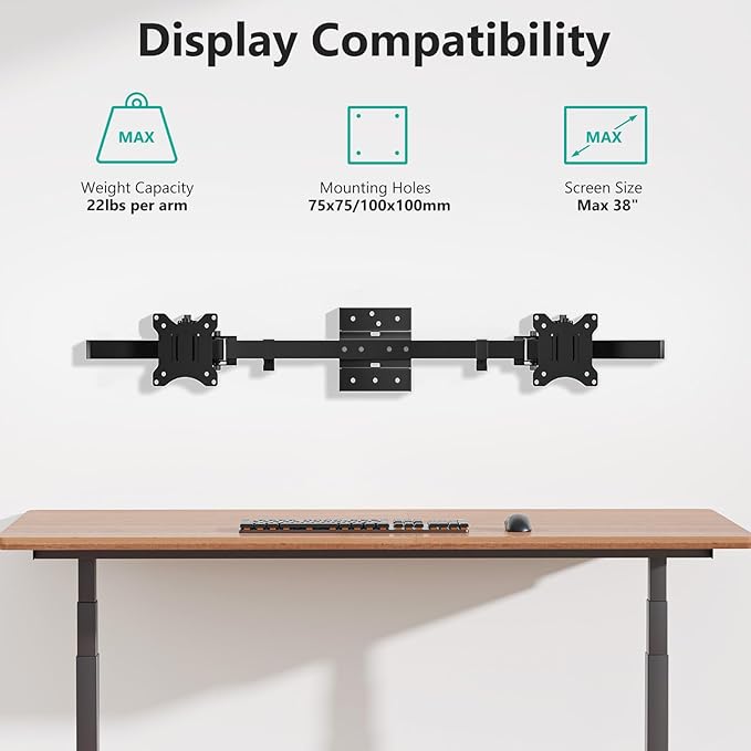 WALI Dual Monitor Wall Mount for 17 to 38 Inch, Ultrawide Monitor Arm for 2 Monitors, Swivel Tilt Computer Wall Mount with Mounting Holes 75x75/100x100, Per Arm Holds Up to 19.8lbs (012ARM-38), Black