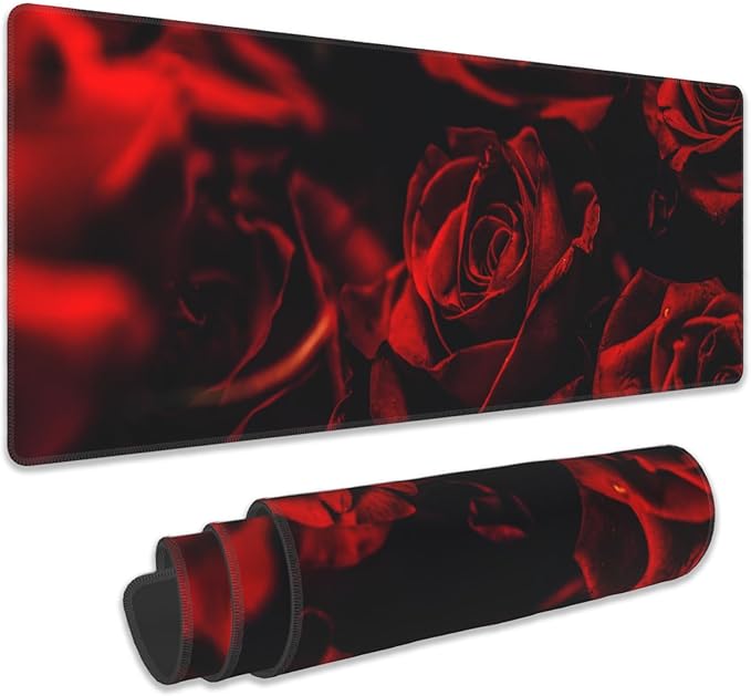 Rose Gaming Mouse Pad, Abstract Red Rose and Black Leaves Extended Mouse Pad Gaming Large,Desk Mat with Non-Slip Base and Stitched Edge,Long Computer Keyboard Mouse Mat for Home Office 31.5"x15.7"