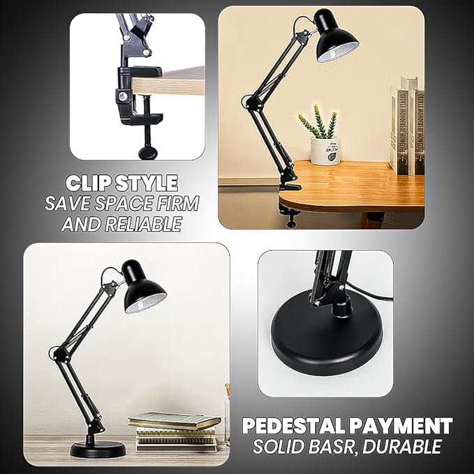 Metal Desk Lamp with Clamp, Swing Arm, Architect Adjustable Desk Lamps for Home Office, Clip Desk Lights for Home Office, Study, Work, Reading, E26 Base, Multi-Joint– Includes Bulb