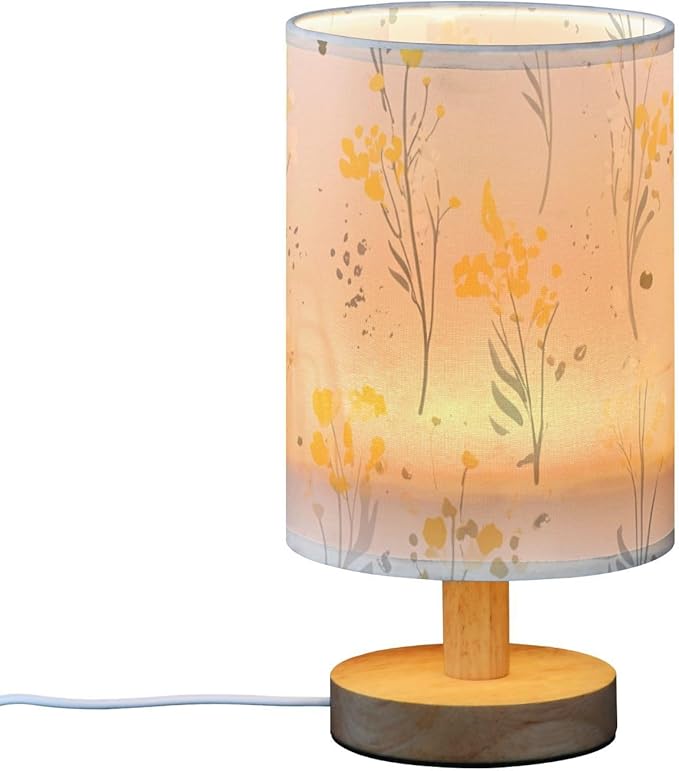 Yellow Floral LED Table Lamp, Bedside Lamp with Linen Lampshade, Flicker-Free Eye Care USB Plug in Nightstand Lamp, for Bedroom and Office