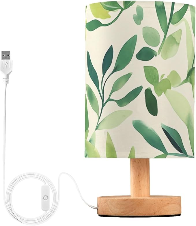 Green Leaf LED Table Lamp, Bedside Lamp with Linen Lampshade, Flicker-Free Eye Care USB Plug in Nightstand Lamp, for Bedroom and Office