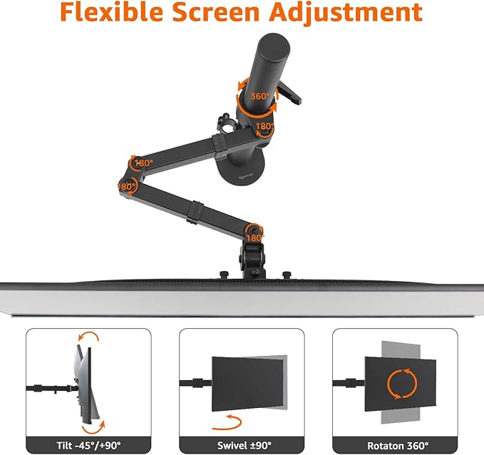 Amazon Basics Adjustable Single Computer Monitor Desk Mount Arm, Holds up to 32" and Ultrawide Monitors, Black