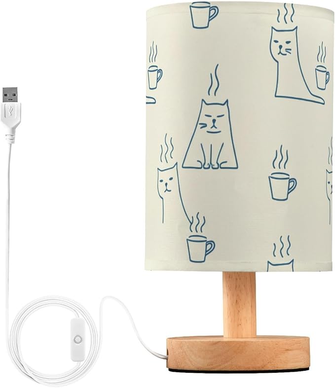 Cat LED Table Lamp, Bedside Lamp with Linen Lampshade, Flicker-Free Eye Care USB Plug in Nightstand Lamp, for Bedroom and Office