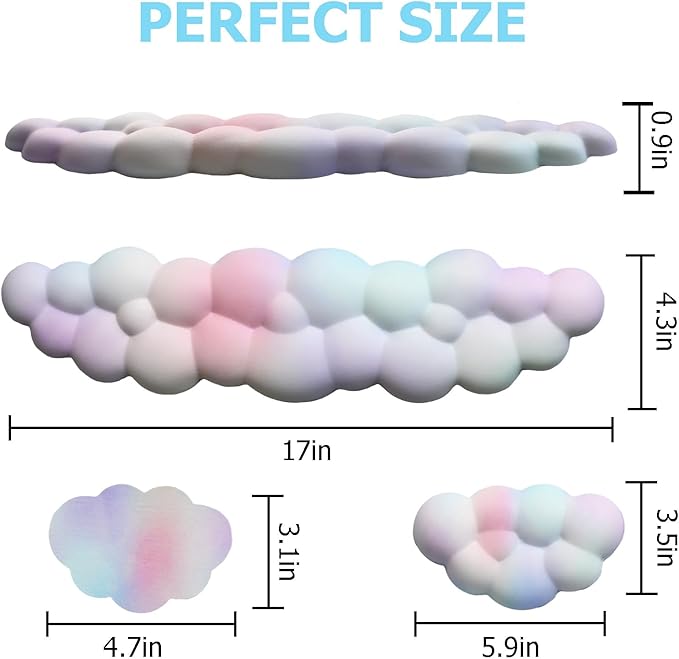 Cloud Wrist Rest Keyboard, PU Leather Memory Foam Wrist Support for Computer Keyboard, Ergonomic Keyboard Pad and Cute Mouse Wrist Pad for Gaming, Office, Computer, Easy Typing, Rainbow