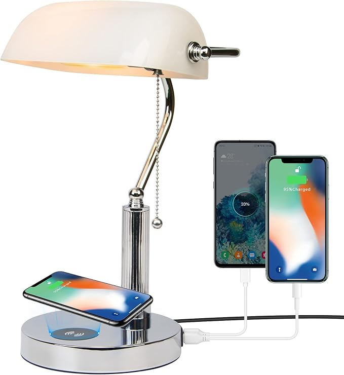 FIRVRE Bankers Lamp, White Glass Desk Lamp with Wireless Charger and 2USB Charging Port,Pull Chain Switch Lamp with Metal Base,Modern Reading Table lamp for Home Office, Piano, Library