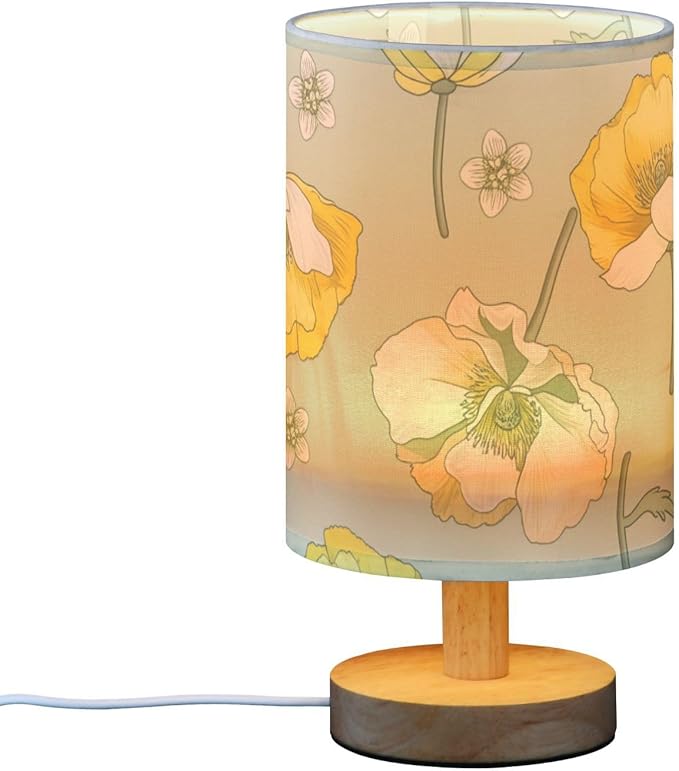 Yellow Floral LED Table Lamp, Bedside Lamp with Linen Lampshade, Flicker-Free Eye Care USB Plug in Nightstand Lamp, for Bedroom and Office