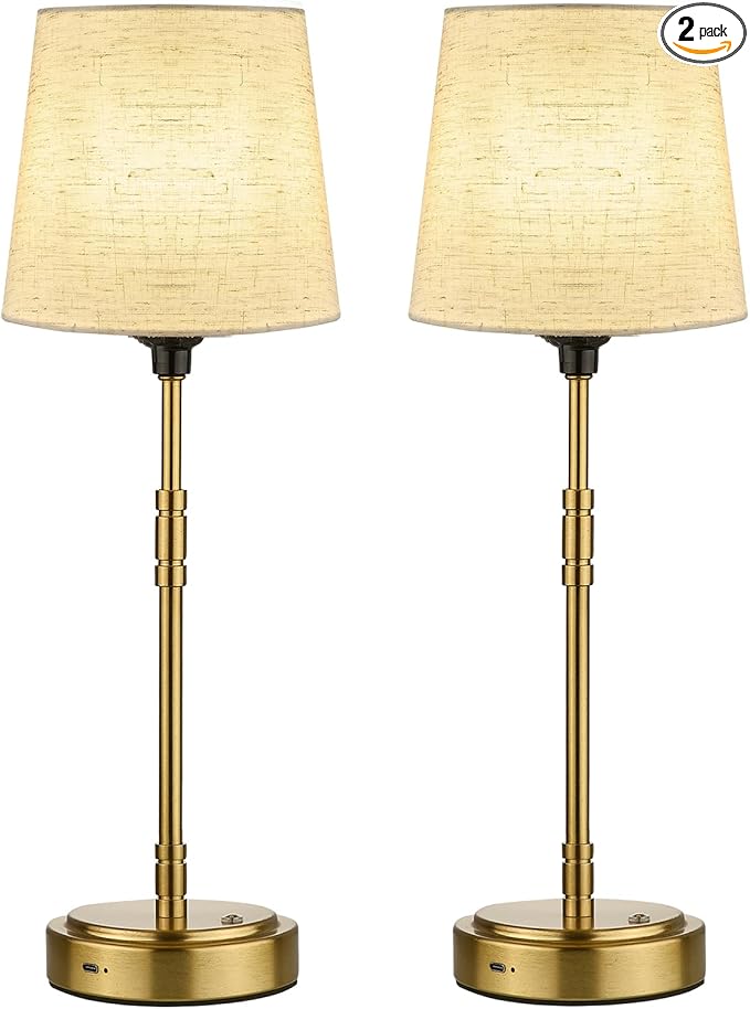 Cordless Table Lamps Set of 2 – Battery Operated Lamp with 7500mAh Rechargeable Battery, Stepless Dimmable Brushed Gold Lamps with Beige Shade, Wireless Lamps for Dining Room(Bulbs Included)
