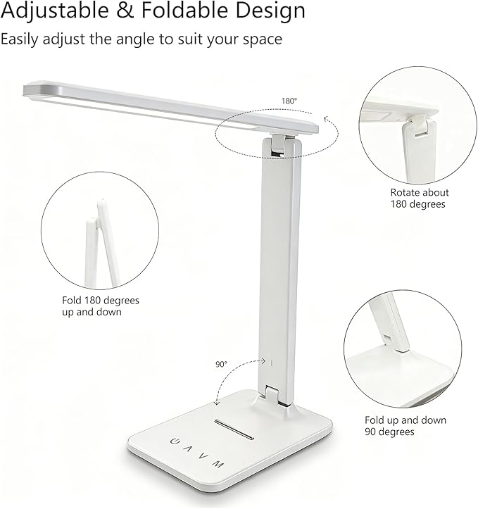 LED Desk Lamp with USB Charging Port, 5 Color Modes & 5 Brightness Levels, Eye-Caring Dimmable Touch Control Table Lamp, Adjustable Foldable Arm, USB-C Powered Desk Light for Study, Office, Bedroom