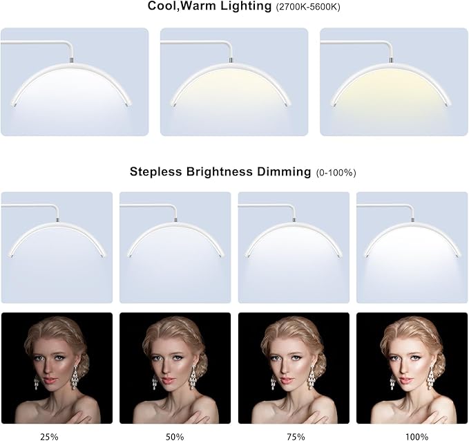 Half Moon Lash Light for Eyelash Extensions & Estheticians, Dimmable LED Lash Lamp, Shadow-Free Moon Light for Lash Tech, Adjustable Eyelash Lamp with Rotating Head (White)