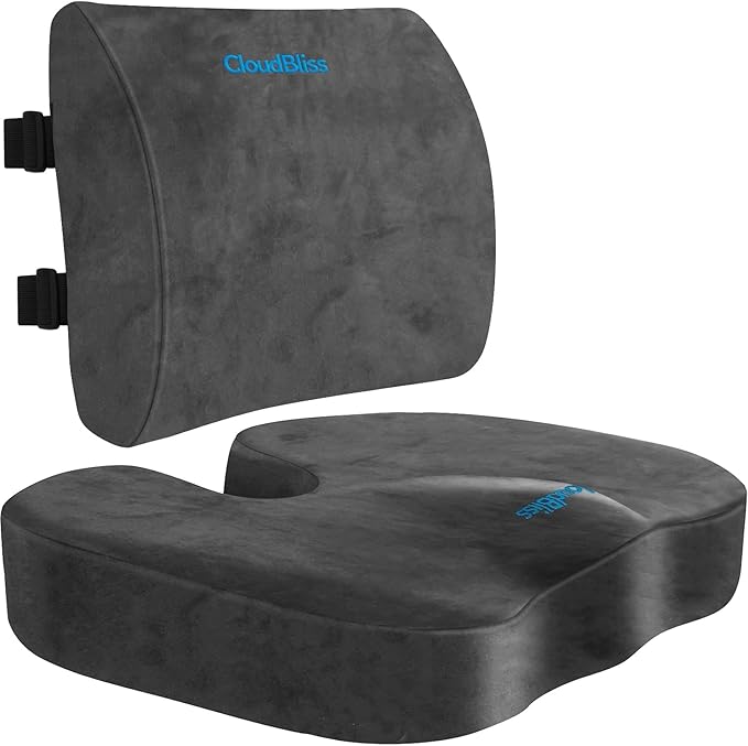 CloudBliss Seat Cushion, Office Chair Cushion, Car Seat Cushion, Lumbar Support Pillow for Office Chair, Back Support Memory Foam Pillow Coccyx Cushion for Tailbone & Coccyx Support, Grey, X-Large