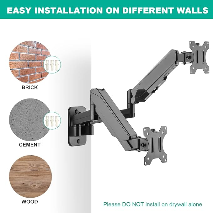 Dual Monitor Wall Mount, Double Monitor Wall Stand for Two 17-32 inch Flat Computer Screens, Height Adjustable Gas Spring Mounted Bracket Arms Hold up to 17.6lbs, VESA 75/100
