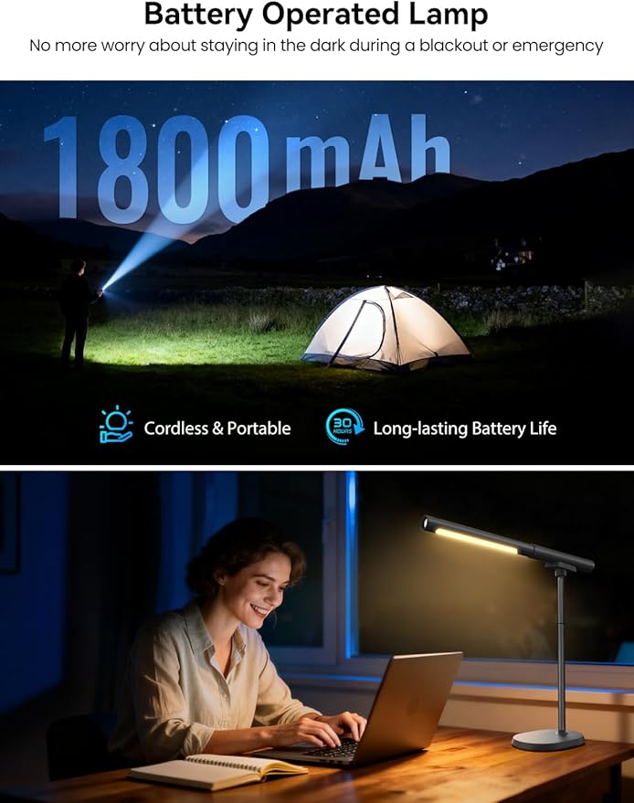 Cordless Desk Lamp, Magnetic LED Work Light, Rechargeable Battery Powered Lamp, Dimmable Brightness & 3 Color Modes, Wireless Table Lighting for Reading, Bed, Flashlight with Signal Light for Camping