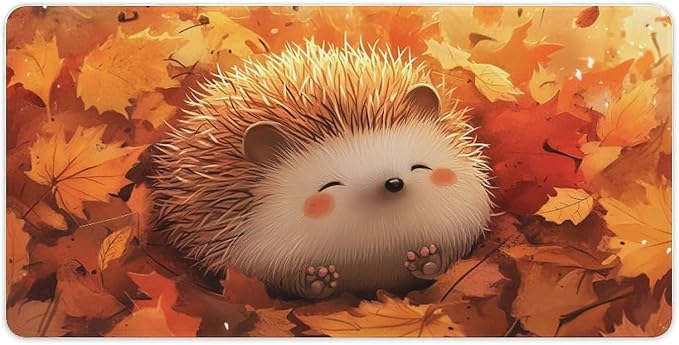Large Ergonomic Gaming Mouse Pad Cozy Hedgehog in Autumn Leaves - Cute Forest Animal Theme with Non-Slip Base Water-Resistant Surface and Stitched Edges 30x60cm