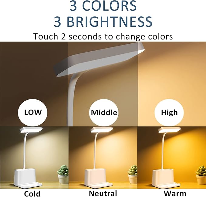 TOPROAD LED Small Desk Lamp with Pen Holder/Phone Holder Function, Rechargeable Desk Light with Flexible Gooseneck, 3 Modes, Eye Caring, Small Study Lamp for Kids, Home, Office, College Dorm Room