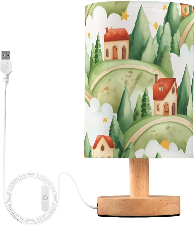 Green Village LED Table Lamp, Bedside Lamp with Linen Lampshade, Flicker-Free Eye Care USB Plug in Nightstand Lamp, for Bedroom and Office