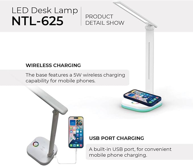 NTL-625QI - LED Desk Lamp with Wireless Phone Charger, RGB Night Light, Adjustable Color Temperature, and USB Phone Charging Port for Home and Office - White
