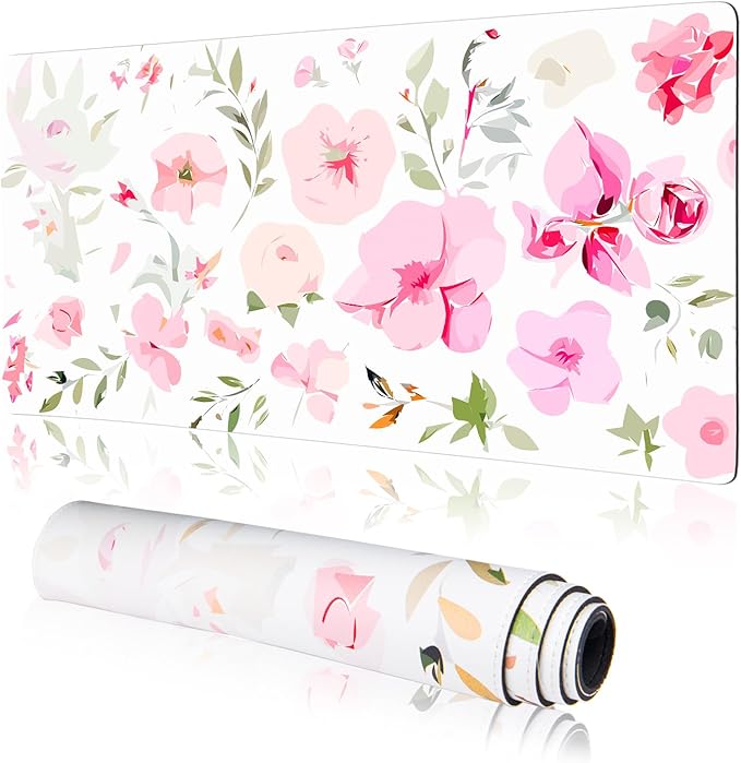 Colorful Star Floral Mouse Pad, Watercolor Pink Flowers Large Desk Mat, Computer Keyboard and Mouse Mat, Cute Office Decor Women Girls Desk Accessories Work Home Office Suppliers, 31.5"x15.7"