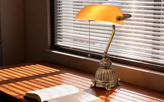 Newrays Retro Amber Glass Bankers Desk Lamp with Pull Chain Switch for Home Office, Library, Plug in Fixture, LED Bulb Included