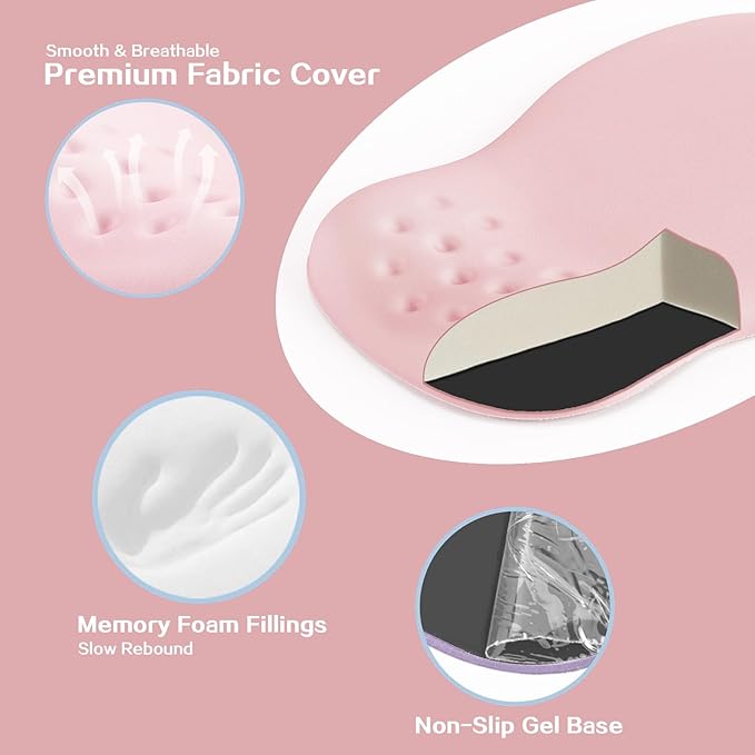 Ergonomic Wrist Rest with Mouse Pad, Mouse Pad with Comfortable Memory Foam Wrist Rest, Massage Design, Non-Slip Rubber Base, Made Easy Typing & Relieve Wrist Pain, Pink