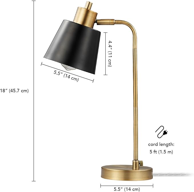 Globe Electric 61000055 18" Desk Lamp, Matte Brass Finish, Black Metal Shade, Adjustable Pivot Joint, On/Off Rotary Switch on Shade, E26 Base, Modern Lamp for Living Room or Home Office