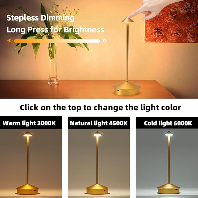2 Pack Aluminum Cordless Table Lamp, 6000mAh Rechargeable Table Lamps, Portable Touch LED Lamp, Outdoor Waterproof Dimmable Cordless Rechargeable Table Lamps for Restaurant/Patio- Black (1 Pcs Gold)