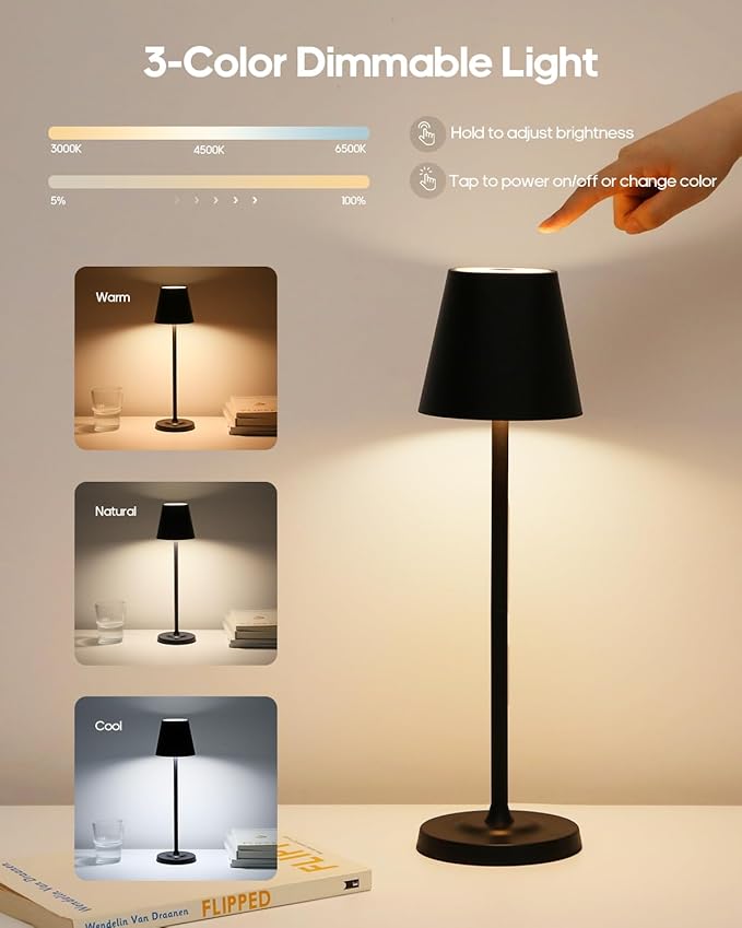 GOODEA LED Cordless Table Lamp Rechargeable, 3-Height Adjustable, 5500mAh Battery Operated Lamp, 3-Color Dimming Touch Lamp, Portable Lamp for Dining, Bedroom,Camping, Outdoor, Indoor(Black 2 Pcs)