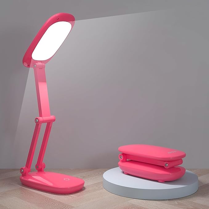 LED Desk Lamp for Office Home & Battery Operated Lamp Rechargeable Lamp Foldable & Portable Light, [2-Fold Bracket] 3 Brightness Dimmable Small Desk Lamp Wireless Reading Lamp (Bright Pink)