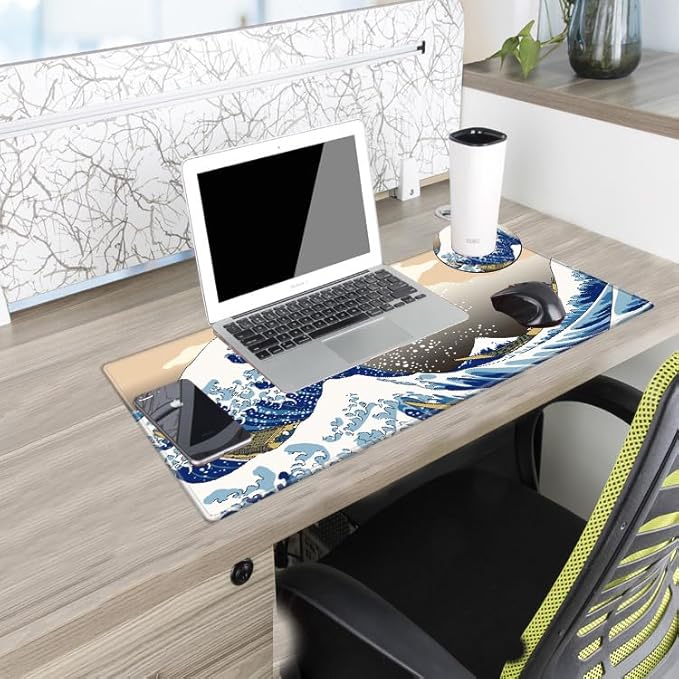 Gaming Mouse Pad Japanese Sea Wave Mousepad 24x12 Desk Pad XL Ocean Desk Mat Long Extended Computer Mat Non Slip Base Big Mouse Mat for Wireless Mouse Laptop Office