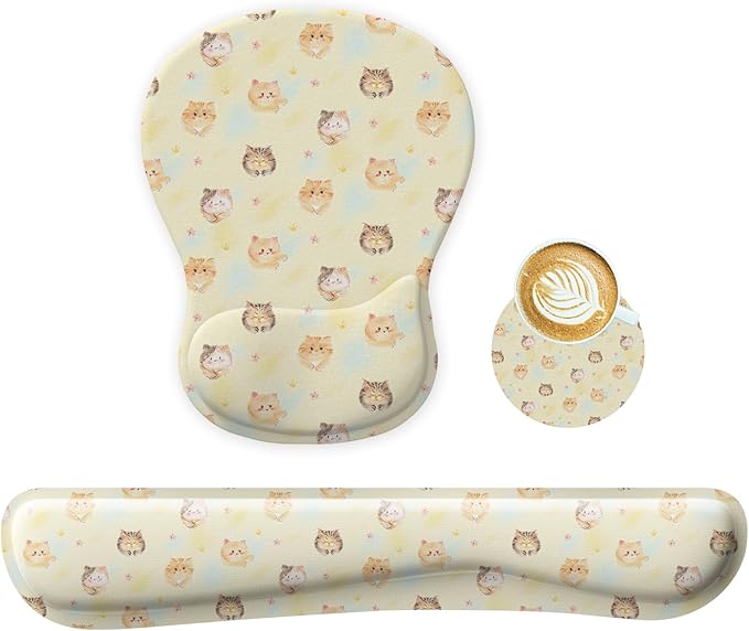 Wrist Rest Support for Mouse Pad Keyboard Set Circle Coaster Gaming Mouse Pad Ergonomic Gel Memory Foam Set for Computer, Laptop, Office, Comfortably Typing Cat KM-35