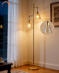 2-Light Modern Glass Floor Lamp, Gold Standing Lamp with Amber Shell Glass Shade, Dimmable LED Floor Lamp with Rotary Switch for Living Room Bedroom, Bulb Included