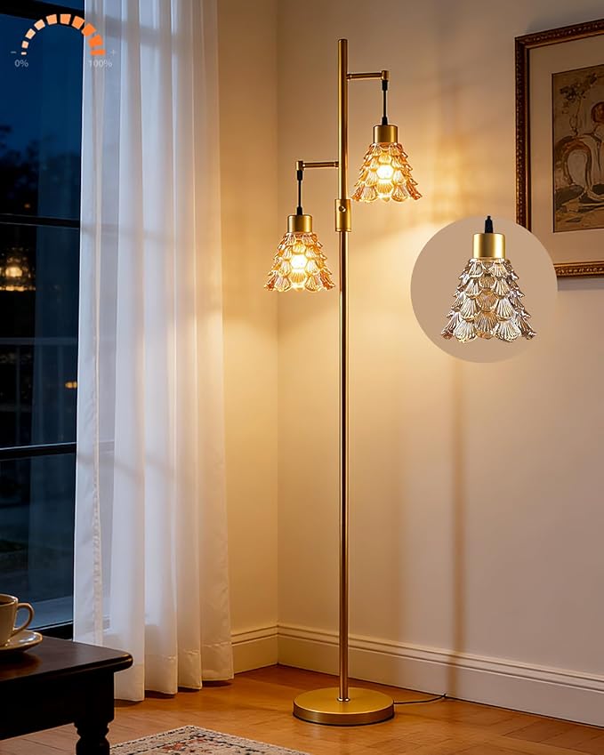 2-Light Modern Glass Floor Lamp, Gold Standing Lamp with Amber Shell Glass Shade, Dimmable LED Floor Lamp with Rotary Switch for Living Room Bedroom, Bulb Included