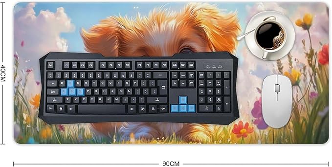 Large Ergonomic Gaming Mouse Pad Charming Fluffy Dog in Bright Meadow - Cute Pet Theme with Non-Slip Base Water-Resistant Surface and Stitched Edges 40x90cm