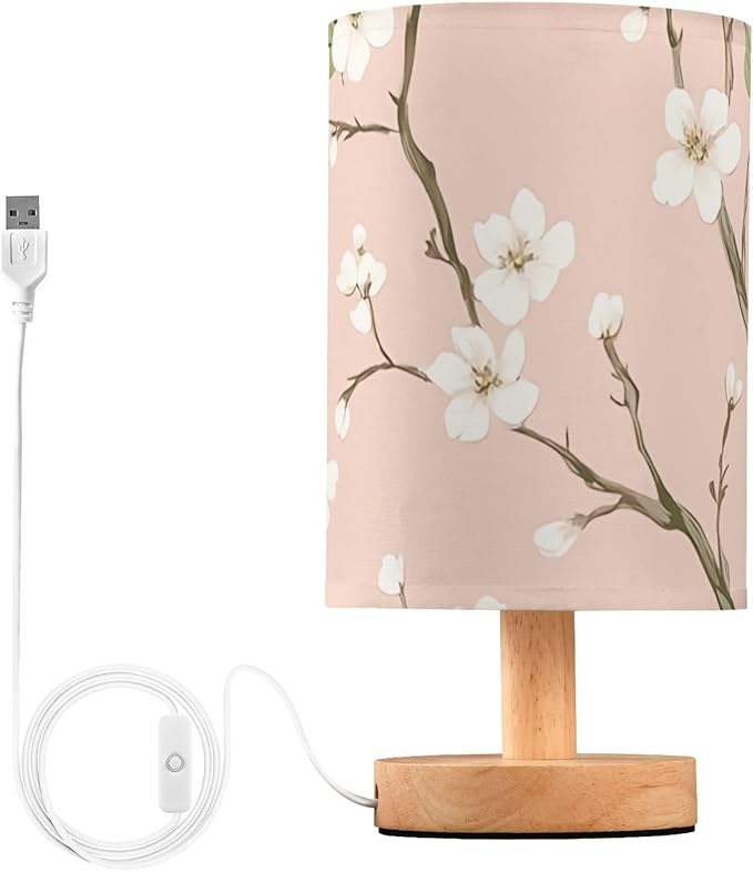 Pink Floral LED Table Lamp, Bedside Lamp with Linen Lampshade, Flicker-Free Eye Care USB Plug in Nightstand Lamp, for Bedroom and Office