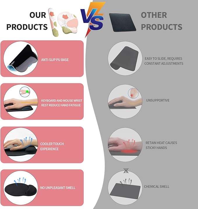 eulps Mouse Pad Wrist Support, Ergonomic Memory Foam Keyboard Wrist Pad & Gel Wrist Rest Set for Computer Keyboard for Easy Typing for Office & Home (Rose Set)