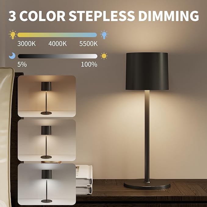 2-Pack Cordless Table Lamp, Portable LED Desk Lamps, 2 Adjustable Height, 4400mAh Battery Powered Rechargeable Light, 3 Color Stepless Dimming, for Restaurant, Bedroom, Outdoor Camping