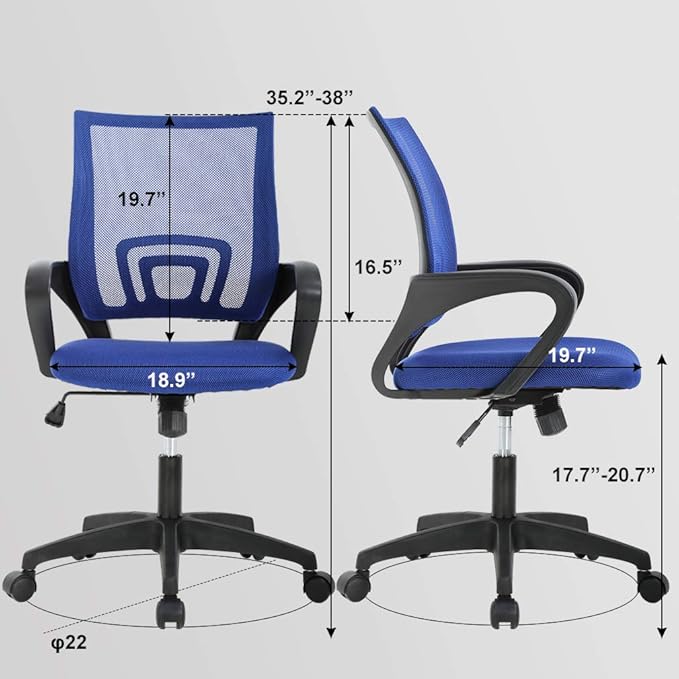 BestOffice | Ergonomic Office Chair | Mid-Back Swivel Desk Chair | Breathable Backrest & Lumbar Support | Adjustable Height | Sponge Seat | Rolling Wheels | Blue | for Adults & Women