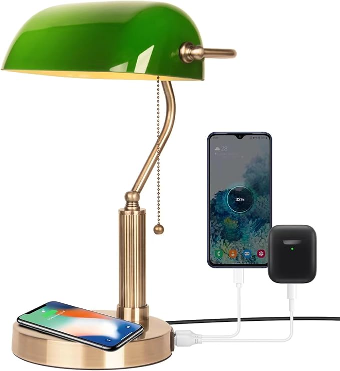FIRVRE Green Glass Bankers Desk Lamp USB Wireless Charging Port LED Table Lamp Classic Retro Pull Chain Switch Reading Lamp for Home Office Workplace Library Piano