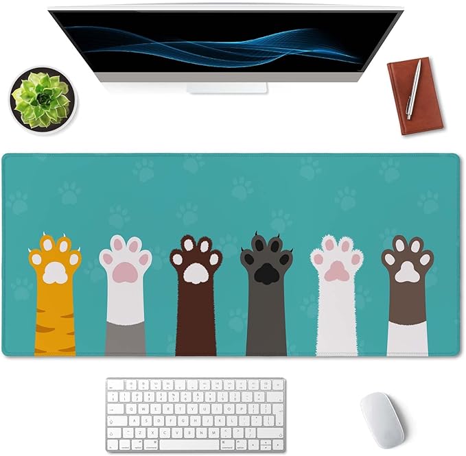 SSOIU Large Mouse Pad, Full Desk XXL Extended Gaming Mouse Pad 35.5" X 15.7", Waterproof Desk Mat Stitched Edges, Non-Slip Laptop Computer Keyboard Mousepad for Office and Home, Cat Paws