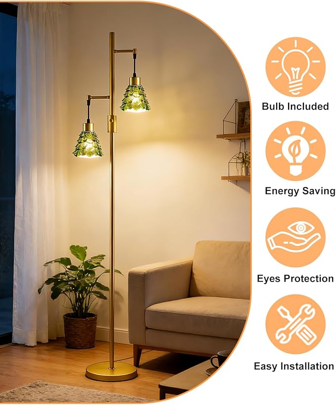 2-Light Glass Floor Lamp, Gold Tall Standing Lamps Dimmable with Green Glass Lampshade, 3000K Warmwhite Mid Century Modern Floor Lamp for Living Room/Bedroom/Sofa Beside/Home Decor