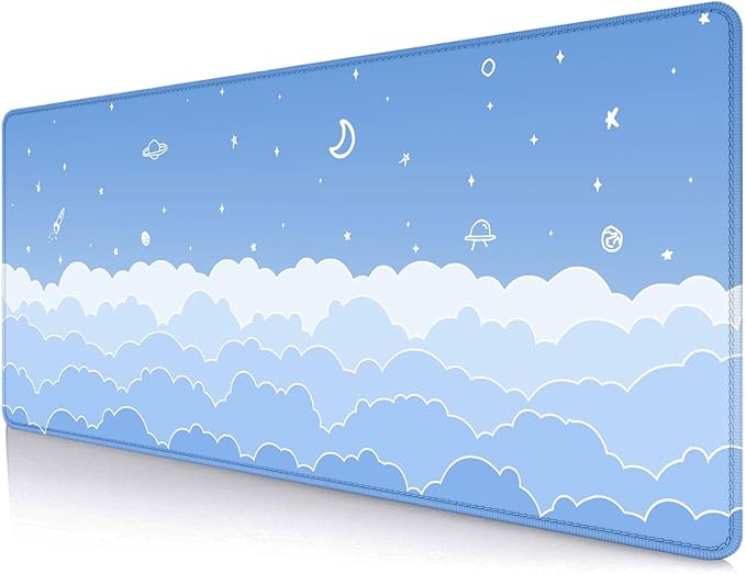 IMAYONDIA Cute Pastel Blue Desk Mat, Aesthetic Stars Moon Desk Pad, Kawaii Anime Deskmat, Gradient White Clouds Computer Pad, Minimalist Large Gaming Mouse Pad Mousepad, 31.5 X 11.8 Inch