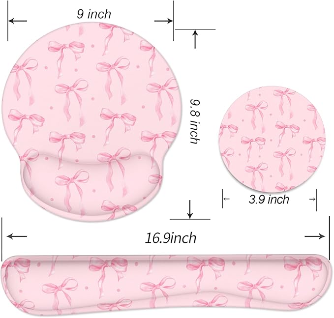 Ergonomic Mouse Pad with Wrist Rest and Keyboard Wrist Rest, Mousepad and Wrist Rest for Computer Keyboard, Non-Slip Rubber Base, Mouse Pad Wrist Support for Gaming, Pink Bow
