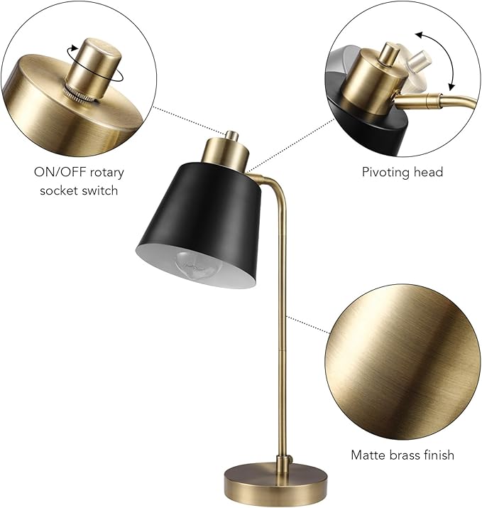 Globe Electric 61000055 18" Desk Lamp, Matte Brass Finish, Black Metal Shade, Adjustable Pivot Joint, On/Off Rotary Switch on Shade, E26 Base, Modern Lamp for Living Room or Home Office