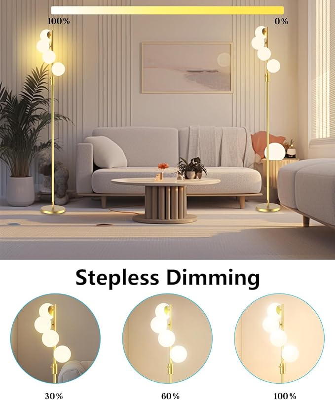 Gold Globe Floor Lamp Dimmable 64IN Tall Standing Lamps with Soft Warm White Eye Care 3000K G9 Bulbs, Mid Century Modern Floor Lamp for Living Room Bedroom