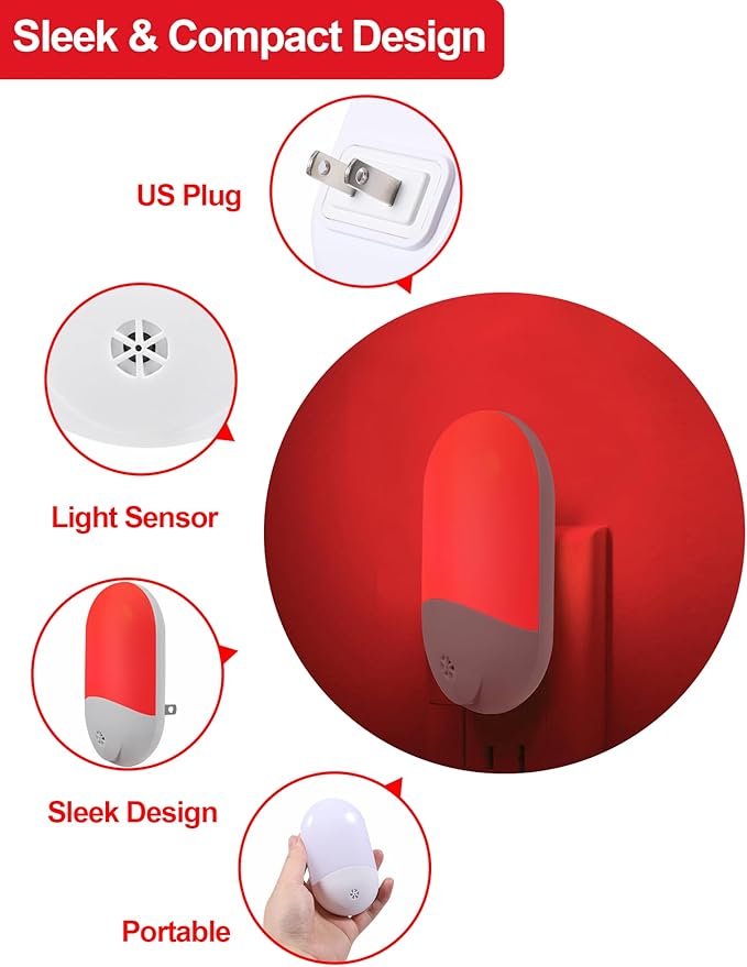 670nm Red Light Night Light for Sleep Therapy[3 Pack] - Zero Blue Light, with Dusk to Dawn Sensor Auto On/Off LED Night Light Plug into Wall for Nursery Bedroom Bathroom